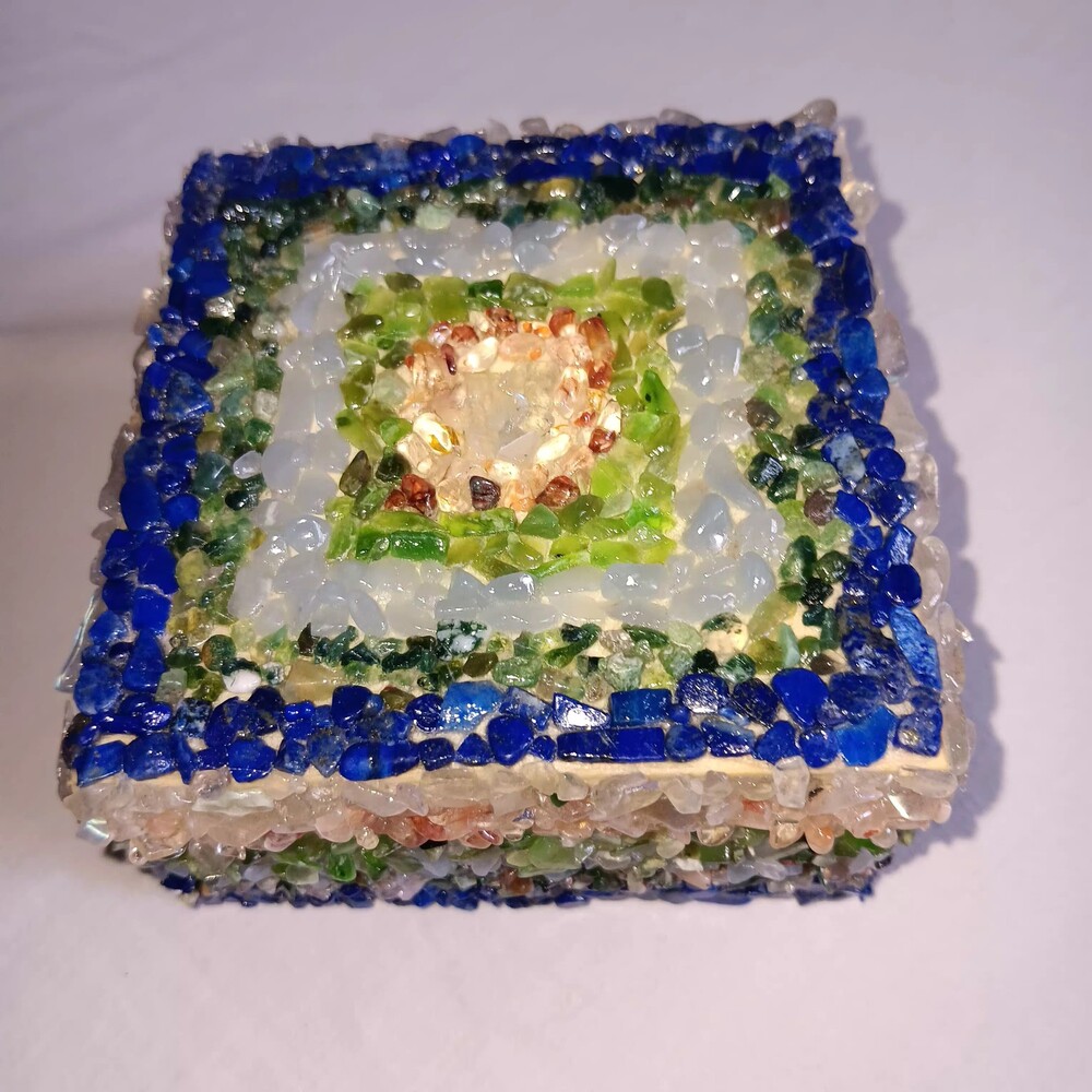 Multicolor Crystal and Wood Jewelry Box Square Hinged Lid Decorative